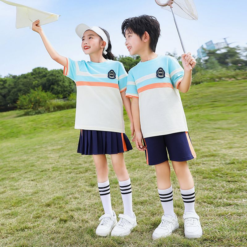 Summer pure cotton stripes matching and custom badge school uniform elementary school students' class service two -piece set