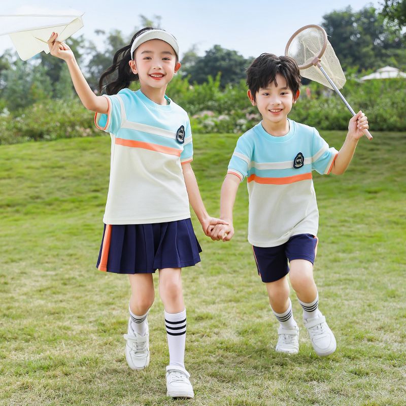 Summer pure cotton stripes matching and custom badge school uniform elementary school students' class service two -piece set