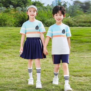 Summer pure cotton stripes matching and custom badge school uniform elementary school students' class service two -piece set