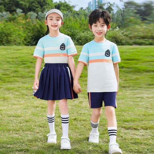 Summer pure cotton stripes matching and custom badge school uniform elementary school students' class service two -piece set