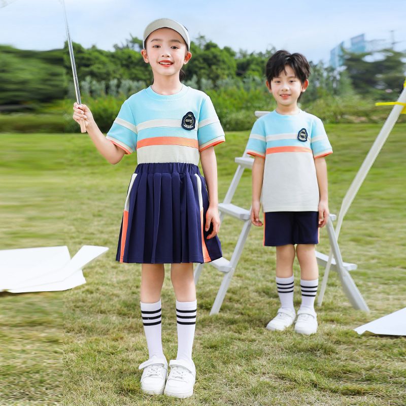 Summer pure cotton stripes matching and custom badge school uniform elementary school students' class service two -piece set