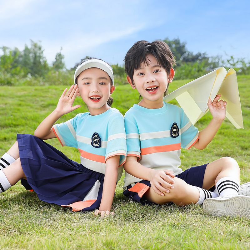 Summer pure cotton stripes matching and custom badge school uniform elementary school students' class service two -piece set