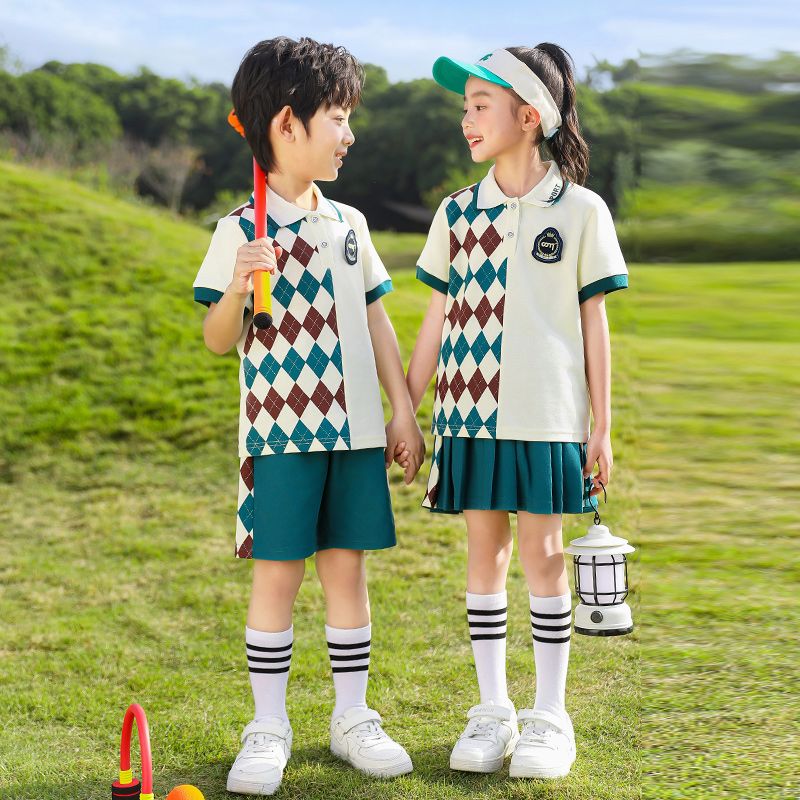 Summer pure cotton stripes matched with custom badge school uniform elementary school students' class clothes absorbing sweat ab