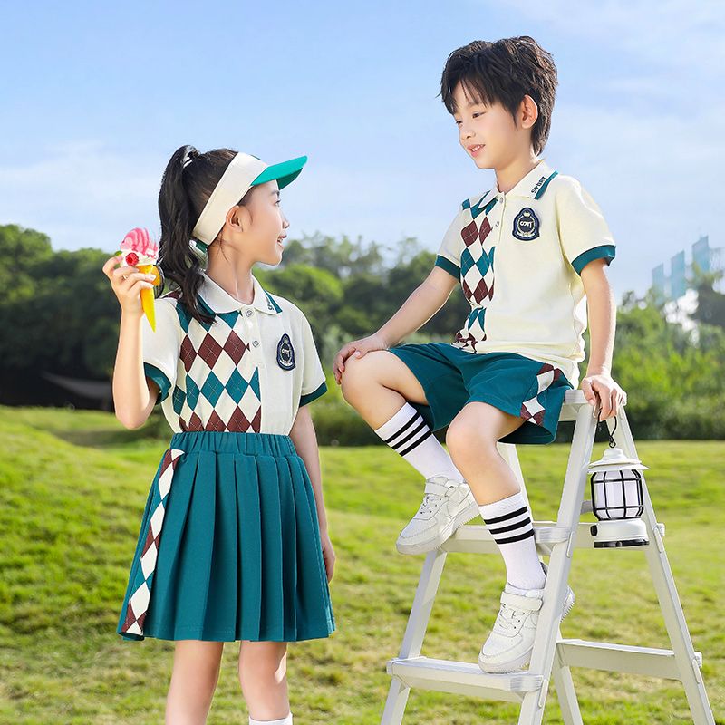 Summer pure cotton stripes matched with custom badge school uniform elementary school students' class clothes absorbing sweat ab