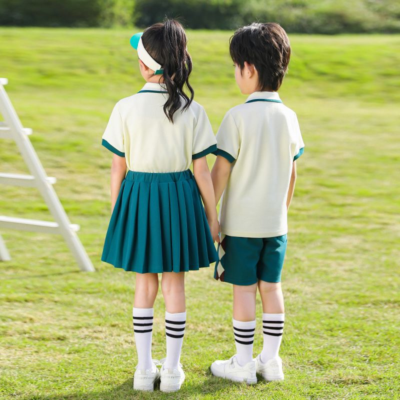 Summer pure cotton stripes matched with custom badge school uniform elementary school students' class clothes absorbing sweat ab