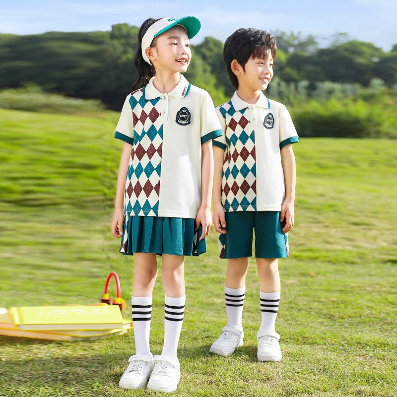 Summer pure cotton stripes matched with custom badge school uniform elementary school students' class clothes absorbing sweat ab