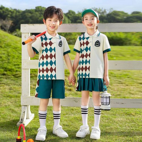 Summer pure cotton stripes matched with custom badge school uniform elementary school students' class clothes absorbing sweat ab