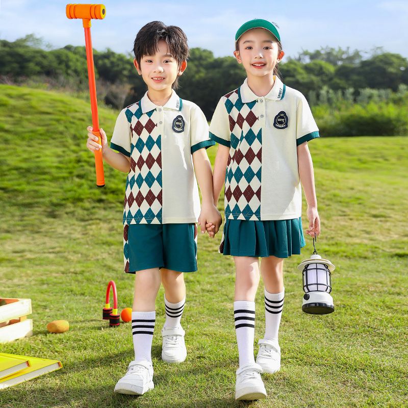 Summer pure cotton stripes matched with custom badge school uniform elementary school students' class clothes absorbing sweat ab