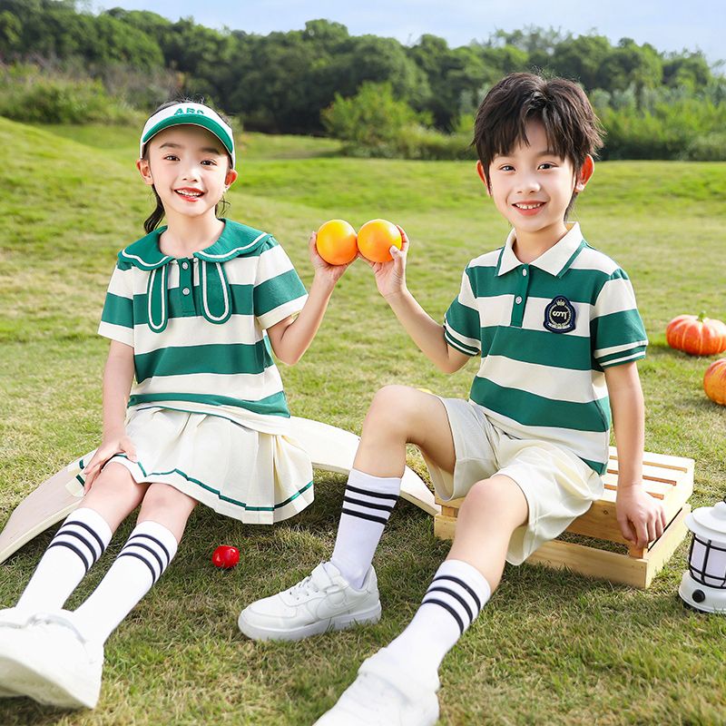 Summer pure cotton stripes matching and custom badge school uniform elementary school students' class service set