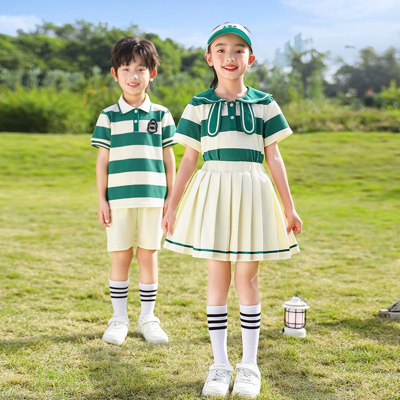 Summer pure cotton stripes matching and custom badge school uniform elementary school students' class service set