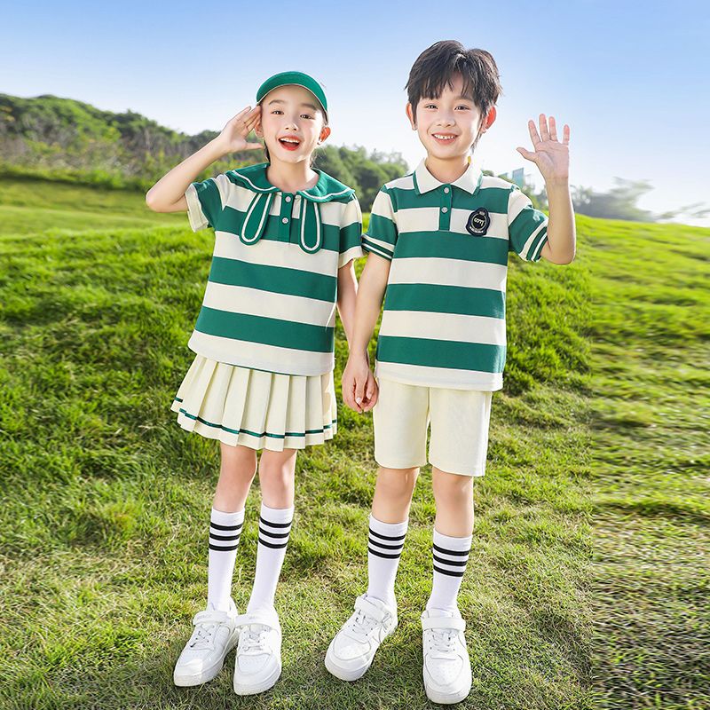 Summer pure cotton stripes matching and custom badge school uniform elementary school students' class service set