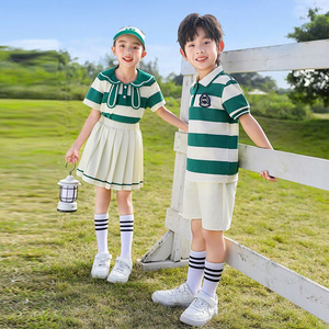 Summer pure cotton stripes matching and custom badge school uniform elementary school students' class service set