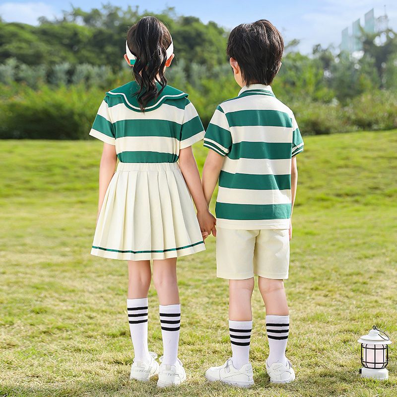 Summer pure cotton stripes matching and custom badge school uniform elementary school students' class service set