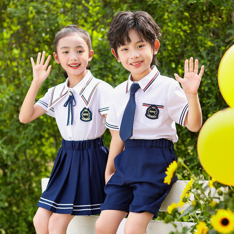 Summer pure cotton stripes matched and customized badge school uniform elementary students'child