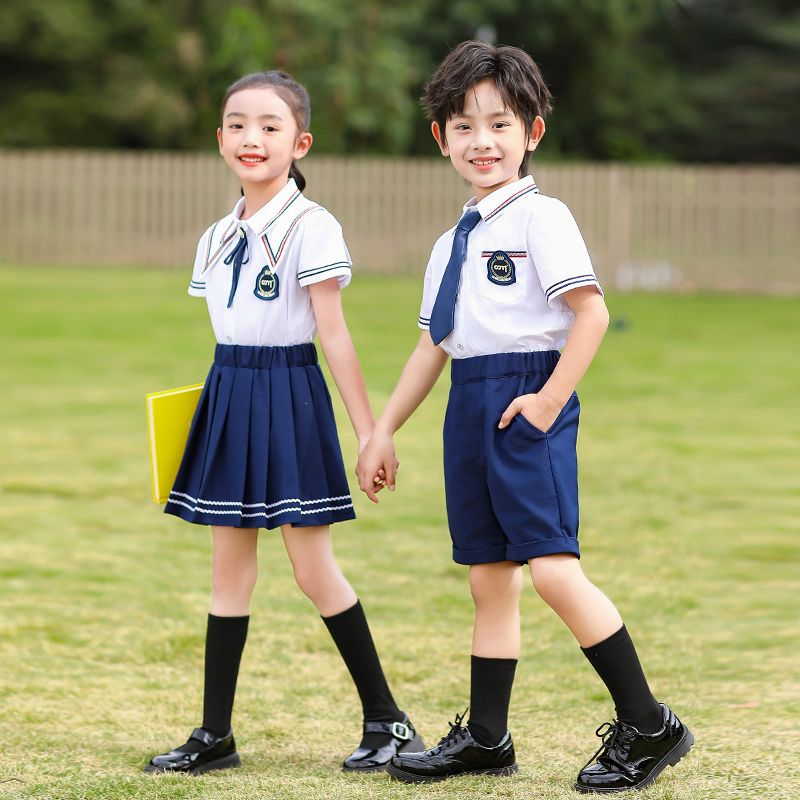 Summer pure cotton stripes matched and customized badge school uniform elementary students'child