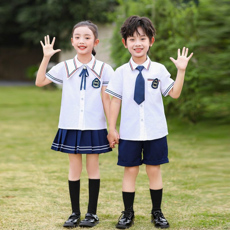 Summer pure cotton stripes matched and customized badge school uniform elementary students'child