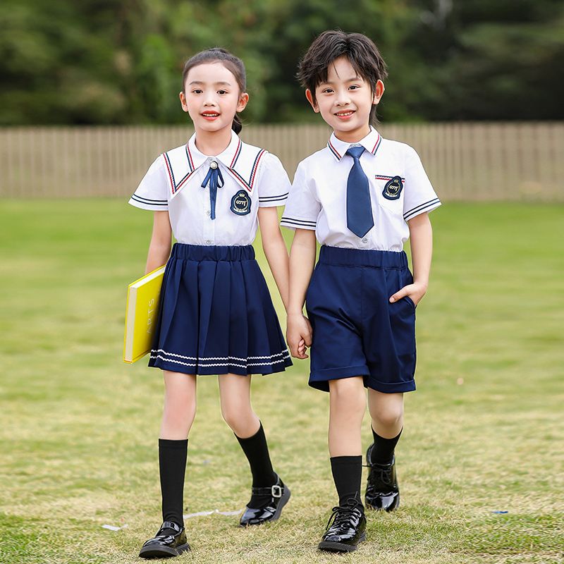 Summer pure cotton stripes matched and customized badge school uniform elementary students'child