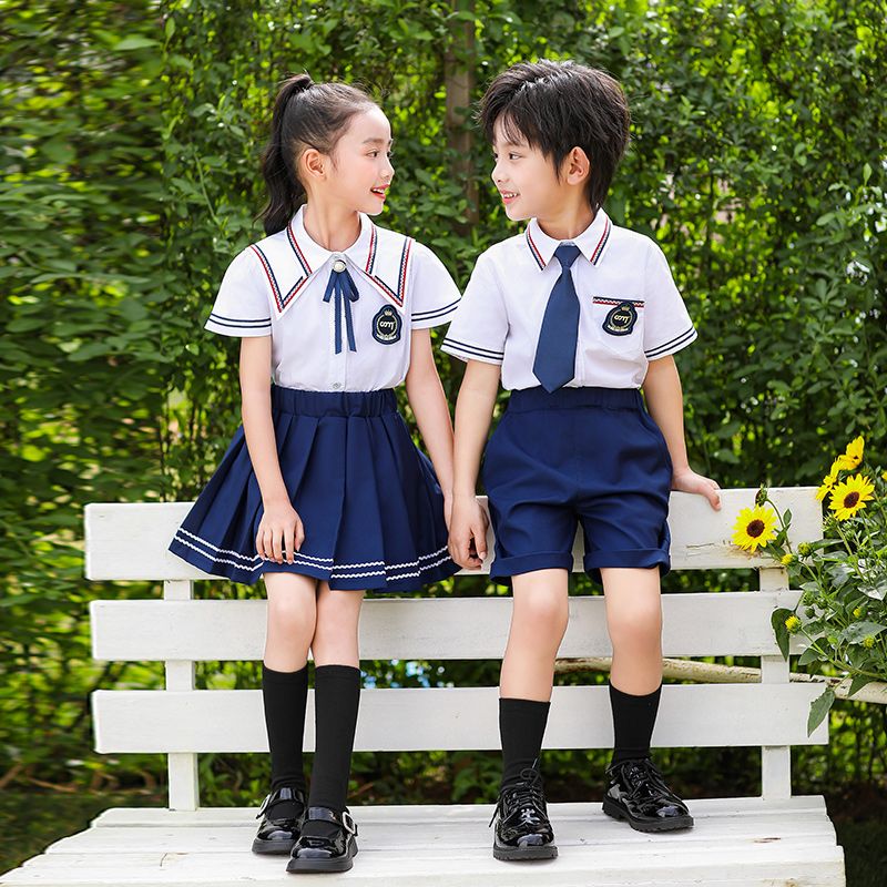 Summer pure cotton stripes matched and customized badge school uniform elementary students'child