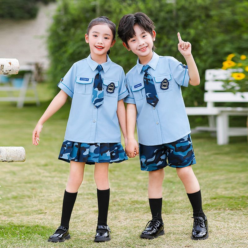 Summer pure cotton stripes matched with custom badge school uniform elementary school students ice cotton