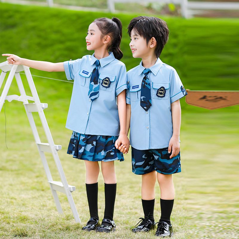 Summer pure cotton stripes matched with custom badge school uniform elementary school students ice cotton