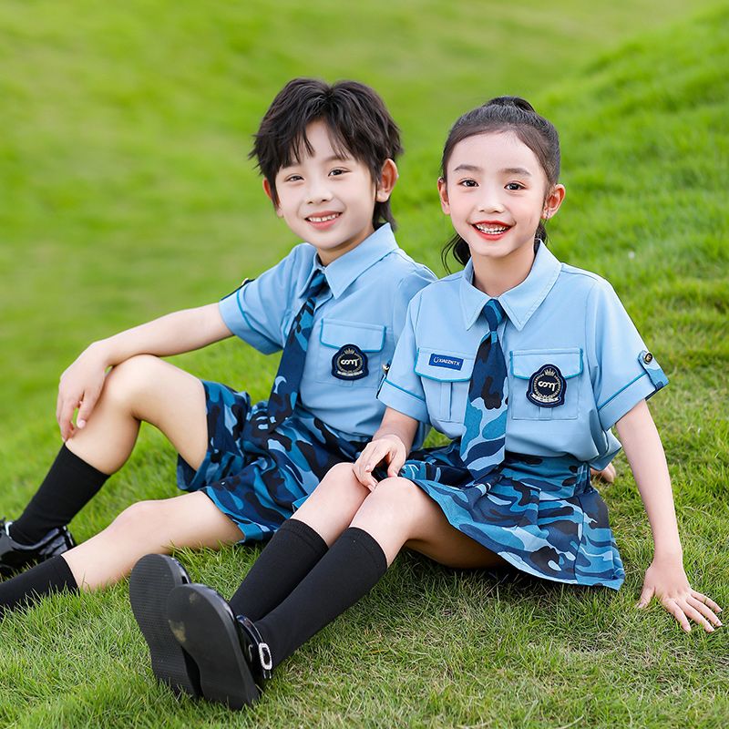 Summer pure cotton stripes matched with custom badge school uniform elementary school students ice cotton