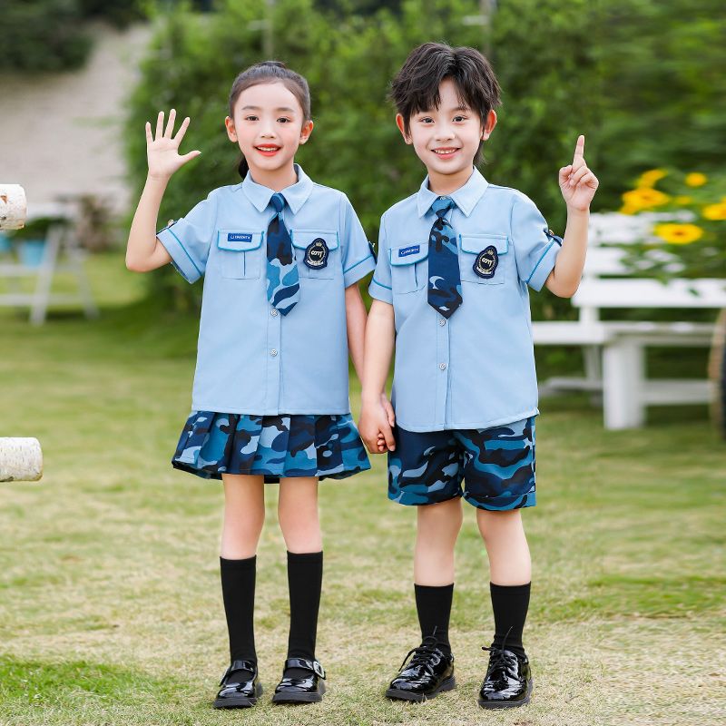 Summer pure cotton stripes matched with custom badge school uniform elementary school students ice cotton