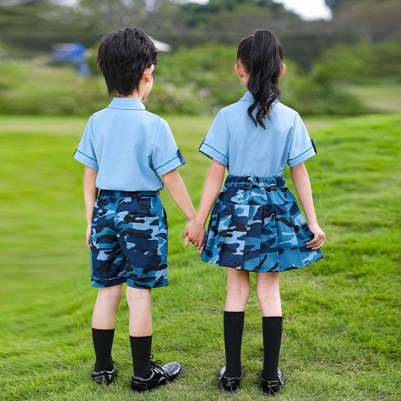 Summer pure cotton stripes matched with custom badge school uniform elementary school students ice cotton