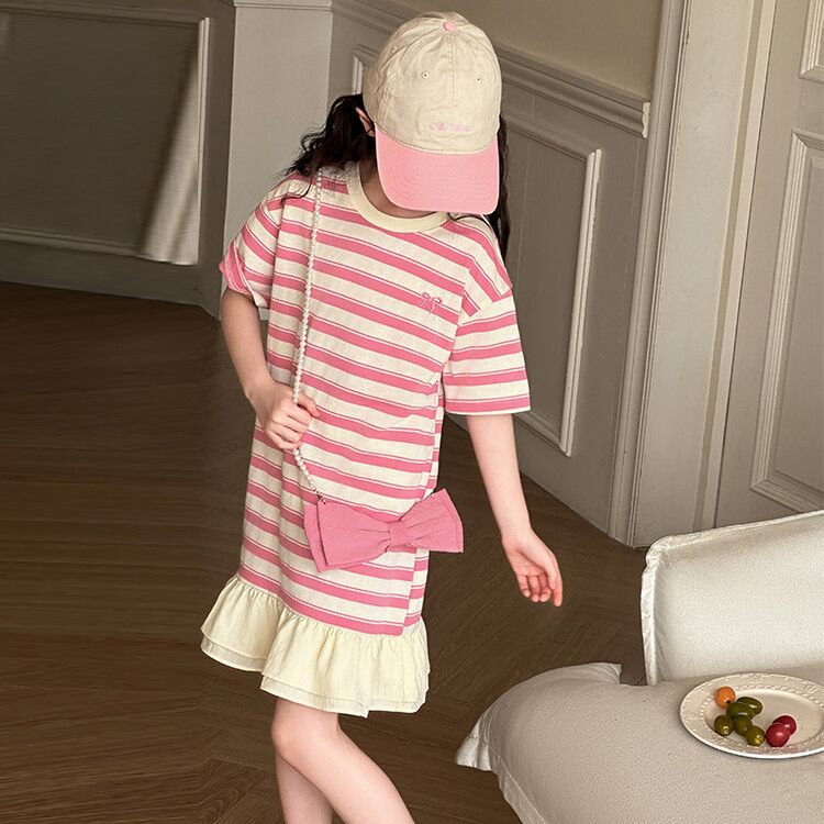 Cute girls striped kids t-shirt dress with pink and black bow ruffled hem casual summer wear