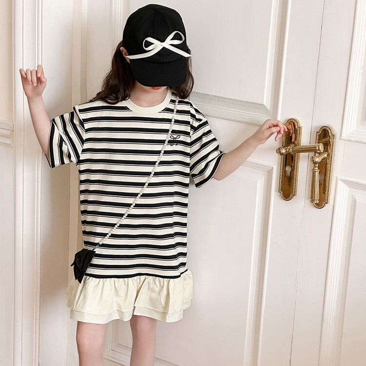 Cute girls striped kids t-shirt dress with pink and black bow ruffled hem casual summer wear