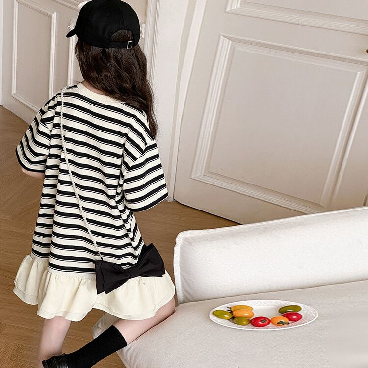 Cute girls striped kids t-shirt dress with pink and black bow ruffled hem casual summer wear