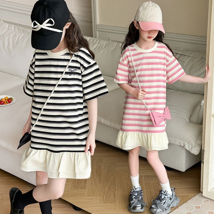 Cute girls striped kids t-shirt dress with pink and black bow ruffled hem casual summer wear