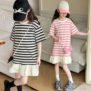 Cute girls striped kids t-shirt dress with pink and black bow ruffled hem casual summer wear