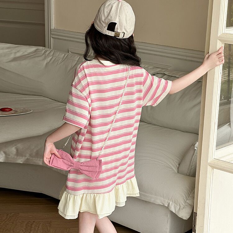 Cute girls striped kids t-shirt dress with pink and black bow ruffled hem casual summer wear