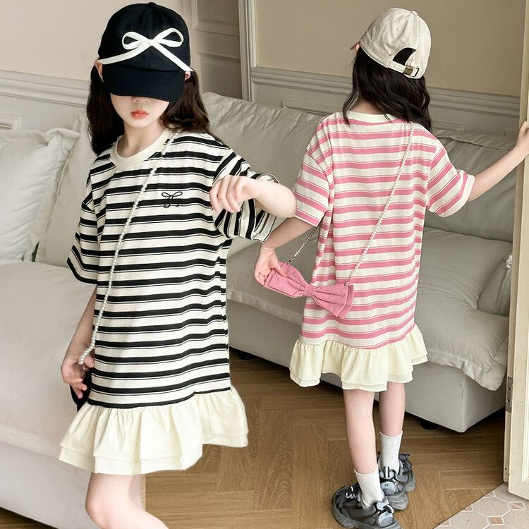 Cute girls striped kids t-shirt dress with pink and black bow ruffled hem casual summer wear