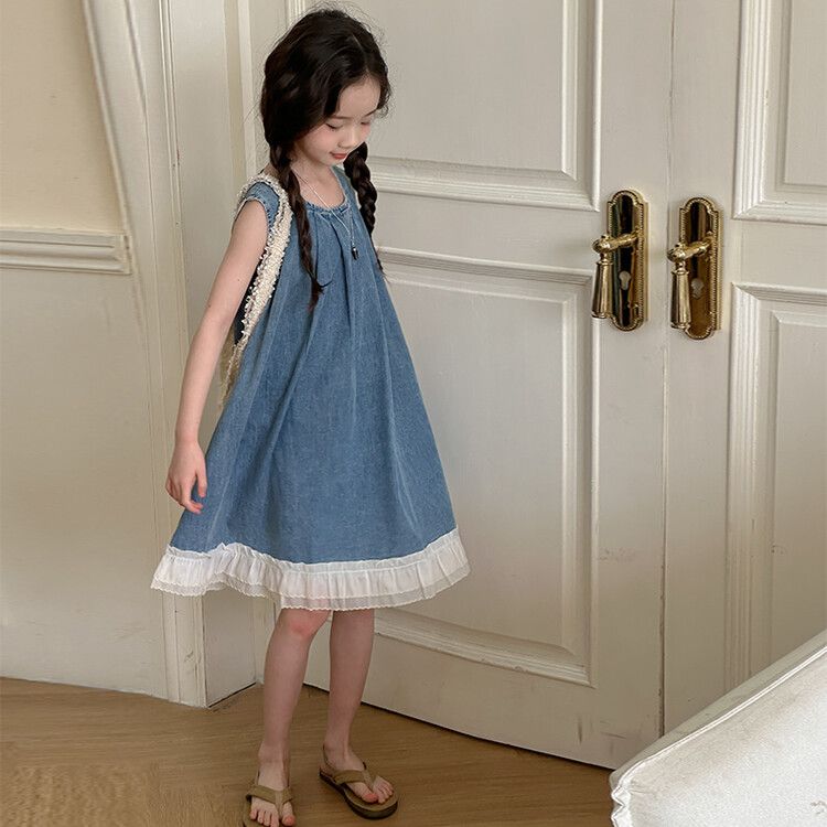 Girls' Sleeveless Denim Kids Dress Blue with White Ruffle Hem, Casual and Comfortable Summer Outfit