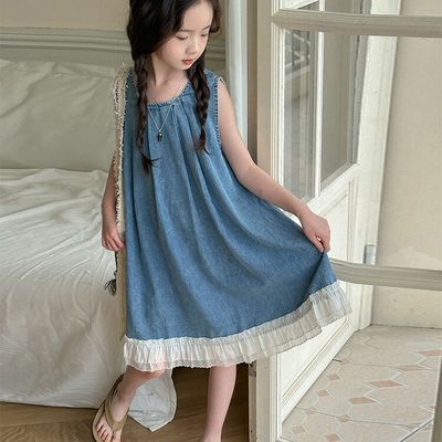 Girls' Sleeveless Denim Kids Dress Blue with White Ruffle Hem, Casual and Comfortable Summer Outfit