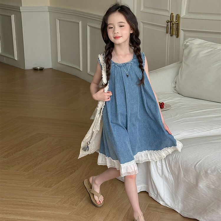 Girls' Sleeveless Denim Kids Dress Blue with White Ruffle Hem, Casual and Comfortable Summer Outfit