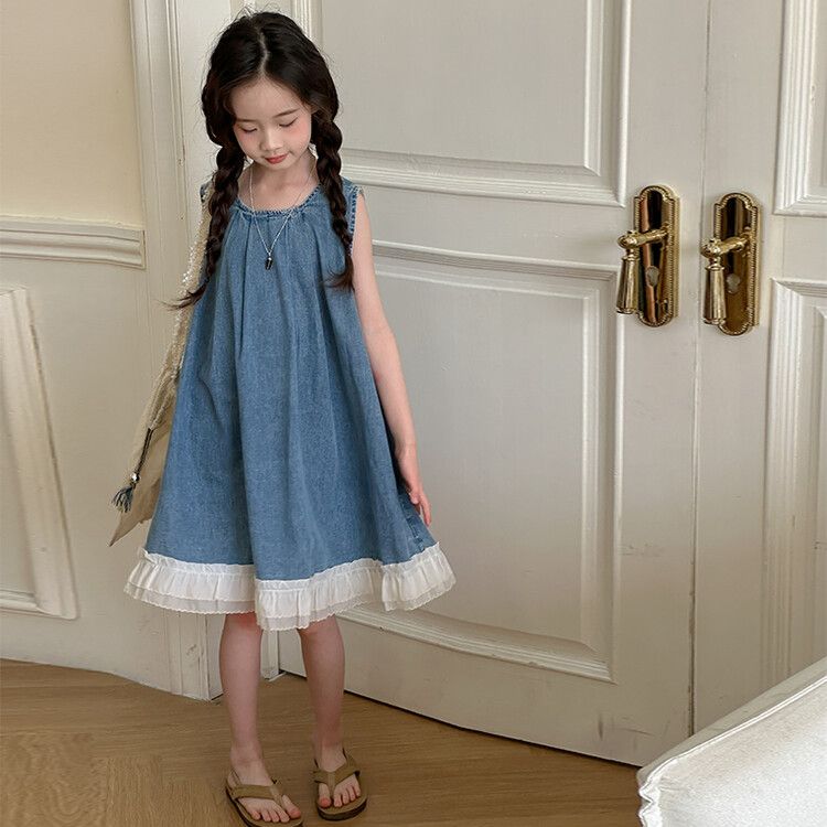 Girls' Sleeveless Denim Kids Dress Blue with White Ruffle Hem, Casual and Comfortable Summer Outfit