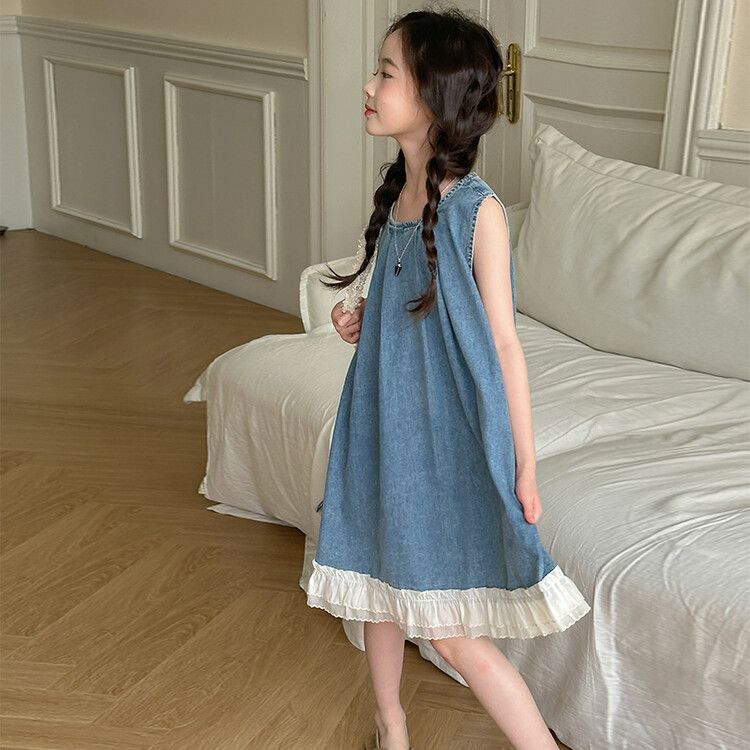 Girls' Sleeveless Denim Kids Dress Blue with White Ruffle Hem, Casual and Comfortable Summer Outfit