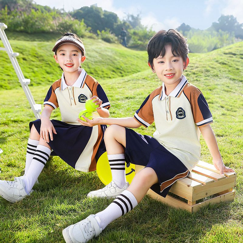 Primary school students in summer cotton stripes matched with custom badge uniform kindergarten