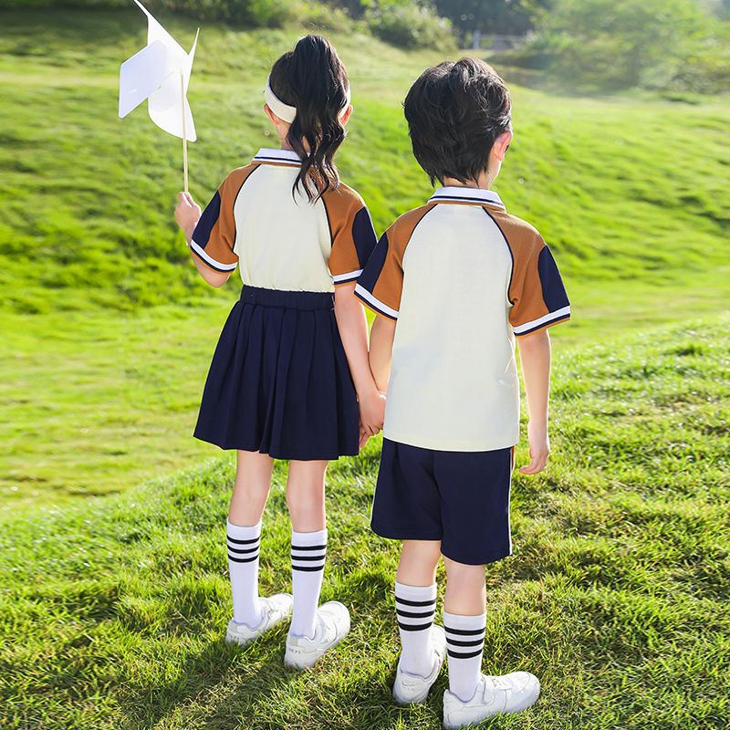 Primary school students in summer cotton stripes matched with custom badge uniform kindergarten