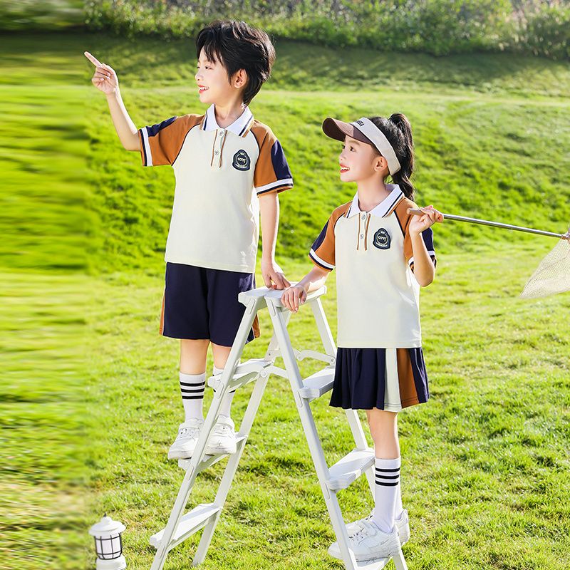 Primary school students in summer cotton stripes matched with custom badge uniform kindergarten