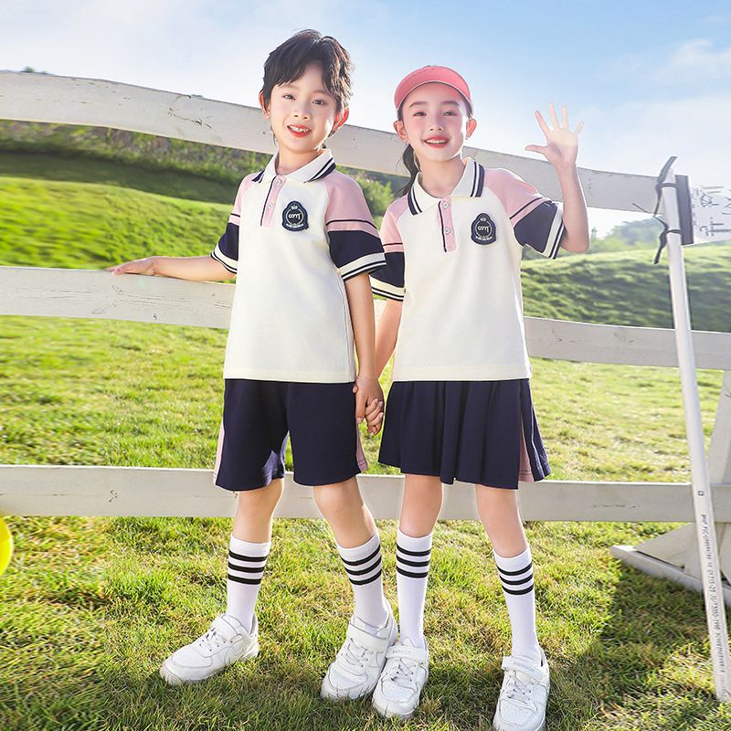 Primary school students in summer pure cotton stripes matching and custom badge school uniform kindergarten short sleeves