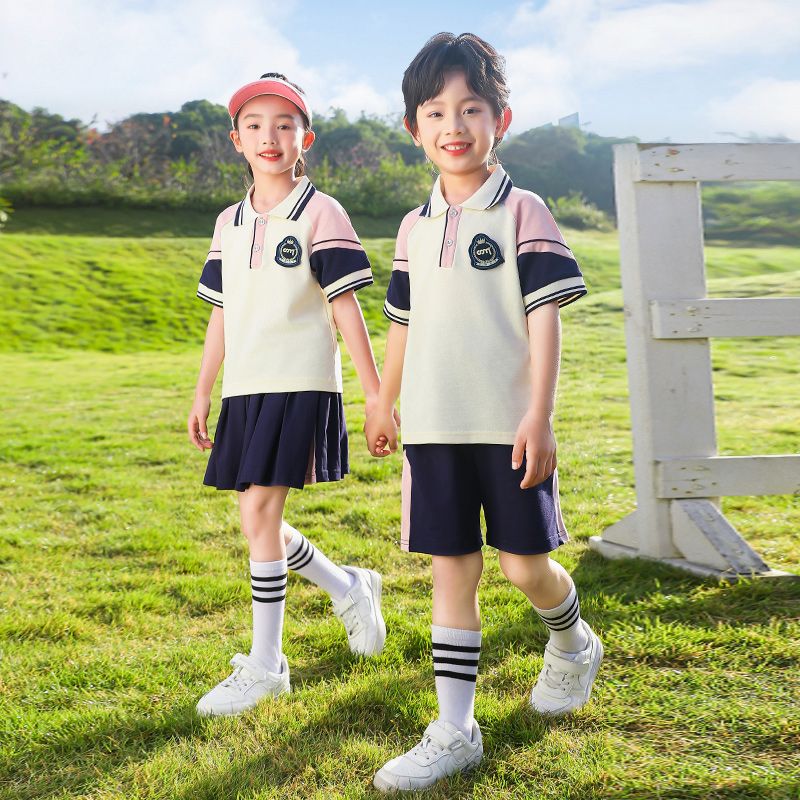 Primary school students in summer pure cotton stripes matching and custom badge school uniform kindergarten short sleeves