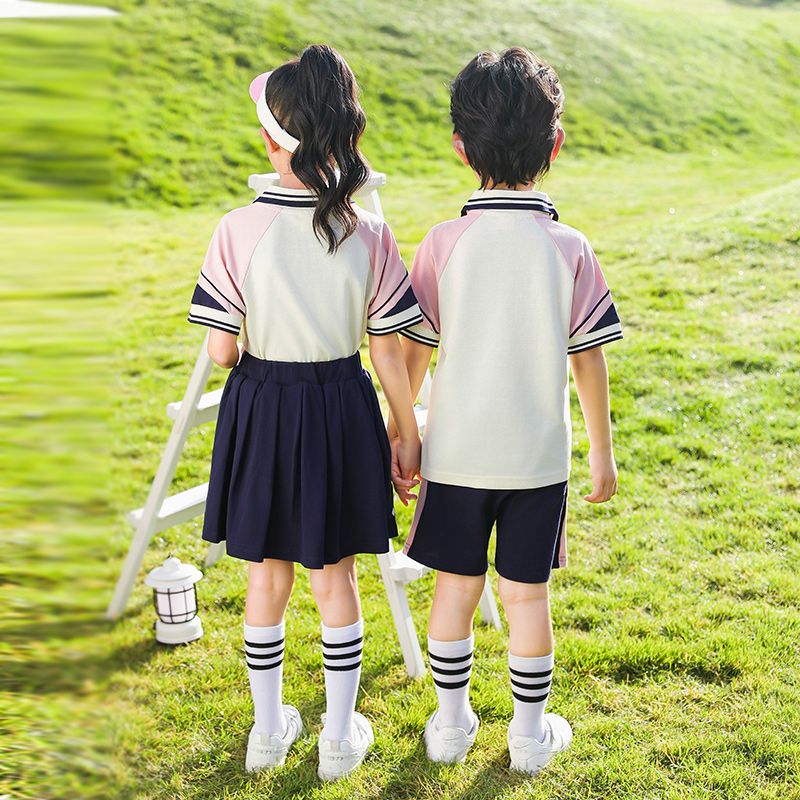 Primary school students in summer pure cotton stripes matching and custom badge school uniform kindergarten short sleeves