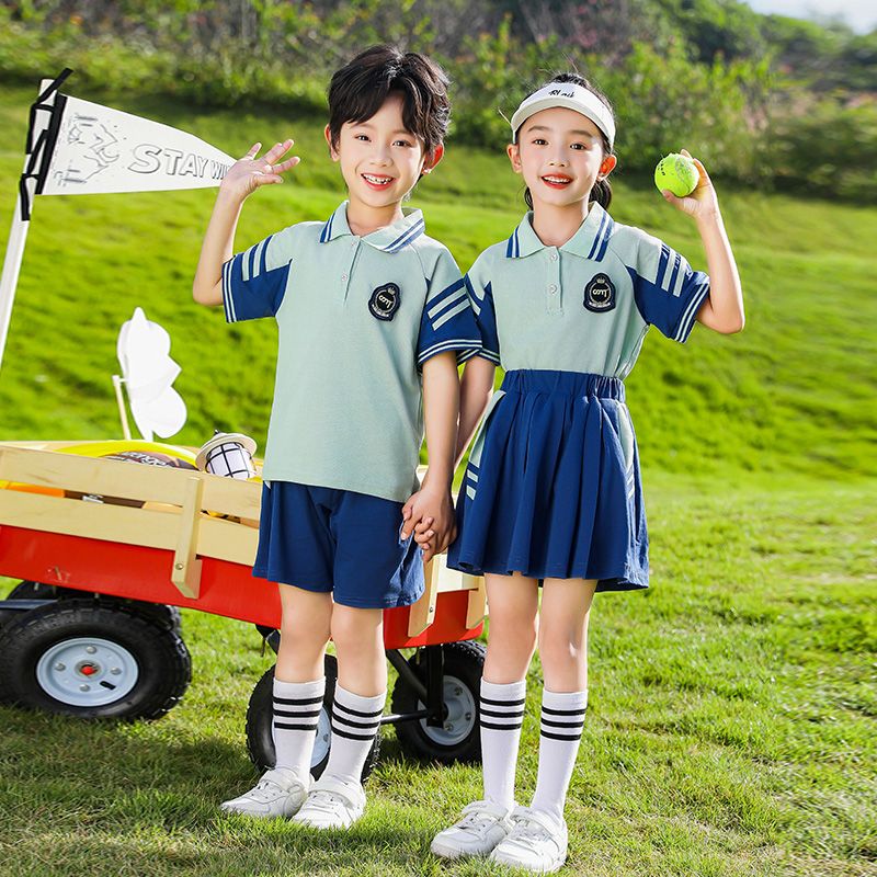 Primary school students in summer pure cotton stripes matching and customized badge school uniform short sleeves