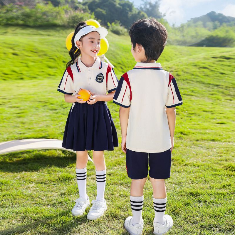 Primary school students in summer pure cotton stripes matching and customized badge school uniform short