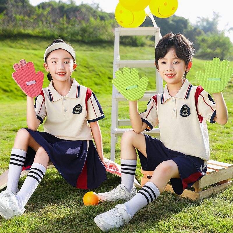 Primary school students in summer pure cotton stripes matching and customized badge school uniform short