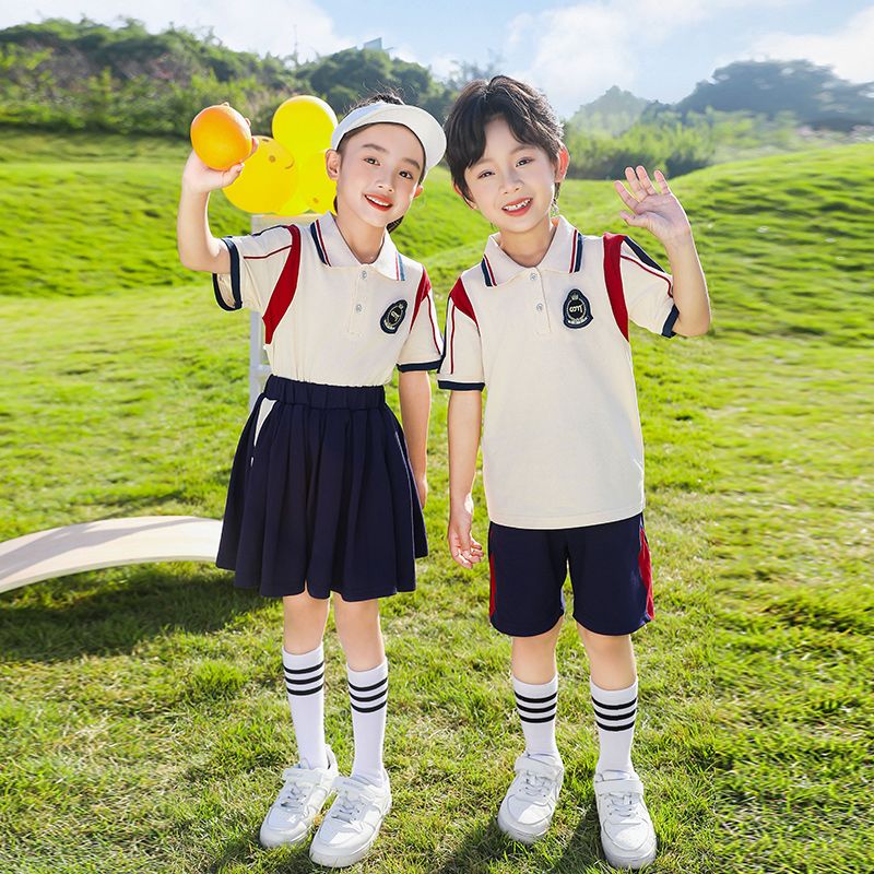 Primary school students in summer pure cotton stripes matching and customized badge school uniform short