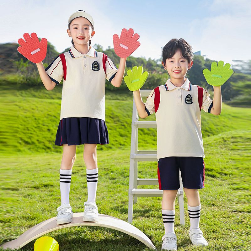 Primary school students in summer pure cotton stripes matching and customized badge school uniform short